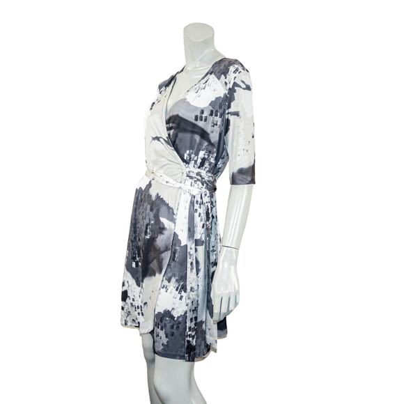 KOMAROV Wrap Dress Gray black Print Waist strap Petite sz L - Picture 5 of 10